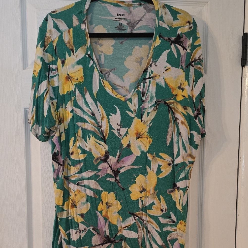EVRI Floral V-Neck Top - Green and Yellow